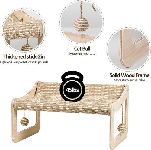 Vista 4 de Sisal - Cama rascador para gatos de interior, hamaca para almohadilla de rascar, silla elevada de sisal 2 en 1 para gatos con 2 bolas de juguetes