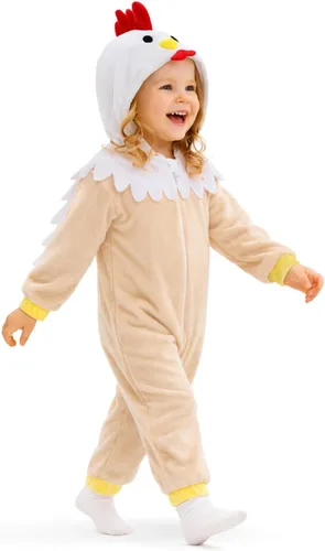 Vista 3 de Disfraz de pollo beige para niñas y niños, overol de animal con capucha 3D para fiesta de Halloween
