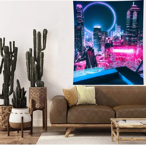 Vista 3 de Aidatain Tapiz de juego punk grande de 60 x 80 pulgadas, tecnología futurista, paisaje urbano, rascacielos, estético, tapices de franela para colgar
