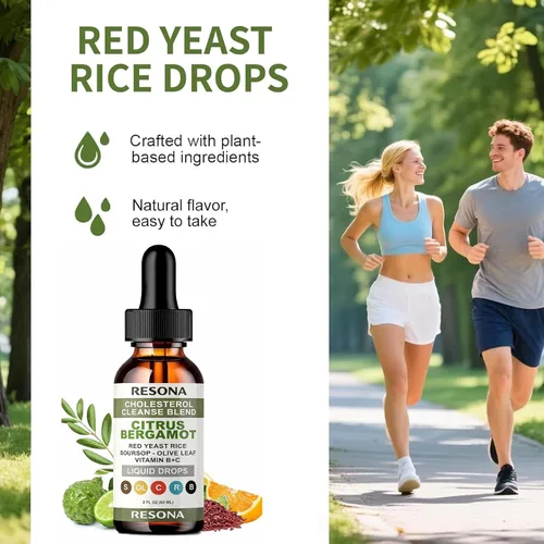 Vista 7 de RESONA Gotas de arroz de levadura roja, mezcla de apoyo de colesterol de alta absorción con bergamota cítrica, hoja de olivo y guanábana - Natural