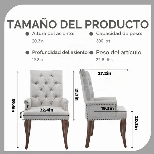 Vista 2 de Sillas de Comedor Tapizadas Acolchadas de Chenilla con Brazos y Ribete de Tachuelas – Marco y Patas de Madera Maciza, Estilo Granja Moderna