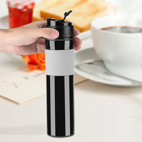 Vista 5 de Botella de café portátil de 11.8 fl oz, mini cafetera de café, cafetera de viaje, vaso de viaje. Equipado con protector contra salpicaduras, goma