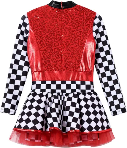 Vista 4 de Disfraz de piloto de carreras para niños y niñas, diseño de tablero de ajedrez con lentejuelas brillantes, body para Halloween, juego de rol