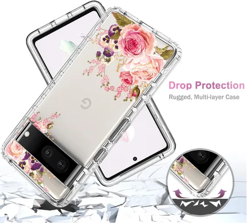 Vista 7 de Funda para Pixel 6A, GX7AS con protector de pantalla de vidrio templado, cuerpo completo, transparente, flexible, con protección de diseño floral