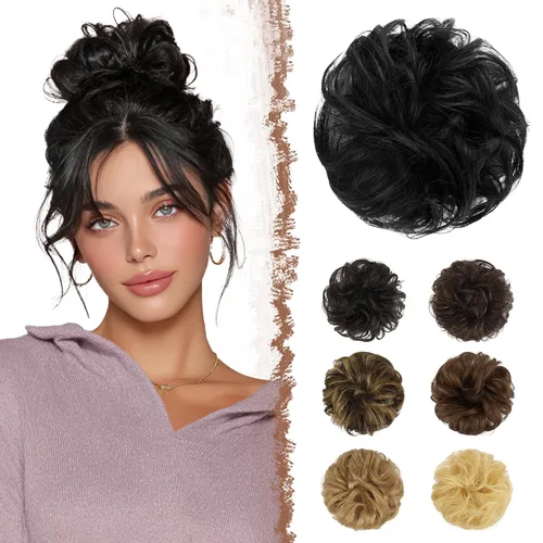 Vista 13 de FESHFEN - Extensiones de moño desordenado humano 100% cabello real, piezas de cabello rizado, extensiones de cola de caballo, cabello ondulado