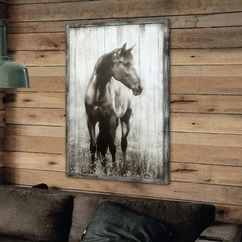 Vista 2 de artopia Arte de Pared de Granja de Caballo de Madera: Decoración de Caballo Gris Rústico de Granja Pintura de Retrato de Vida Silvestre