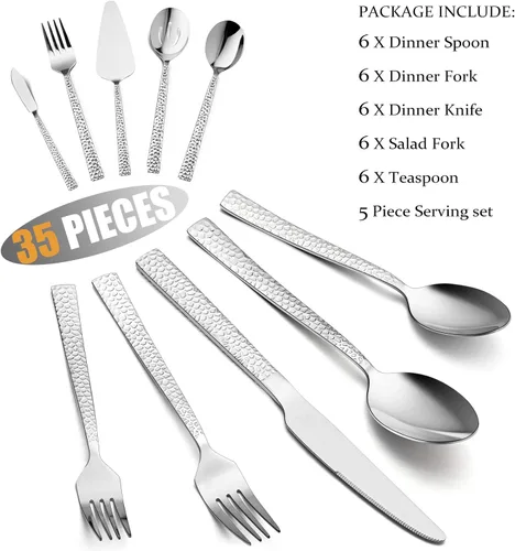 Vista 2 de E-far - Juego de cubiertos de 35 piezas con piezas de servir, cubiertos martillados de acero inoxidable para 6, moderno juego de cubiertos con borde