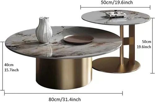 Vista 2 de HM&DX Mesa de centro moderna de mármol, mesa de centro redonda anidable, juego de 2, mesas centrales de mediados de siglo con base de pedestal