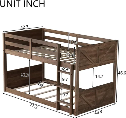 Vista 2 de Twin Size Bunk Bed with Panelled Headboard and Footboard, Antique Dark Oak Antique Oak