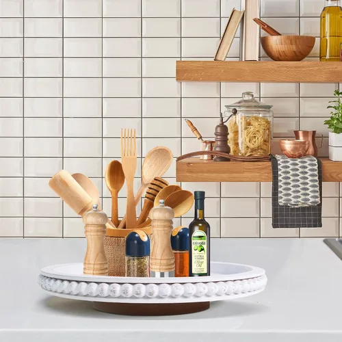 Vista 2 de HPC Decor - Organizador de madera Lazy Susan con cuentas de 12 pulgadas para decoración de mesa de granja, tocadiscos redondos para armario de mesa