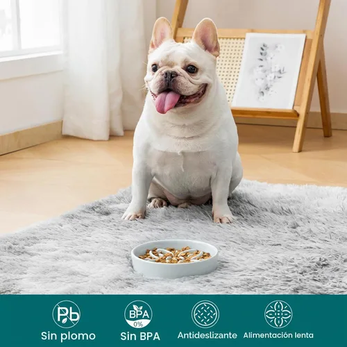 Vista 3 de vancasso Recipientes de alimentación lenta para perros de cerámica, cuencos de comida para perros con rompecabezas y laberinto floral, plato Gris