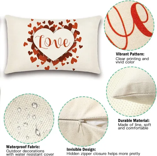 Vista 3 de Artscope Fundas de almohada impermeables para el día de San Valentín, juego de 4 fundas de cojín de lino y algodón para sofá en exteriores, 12 x 20