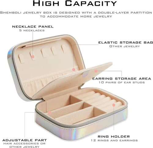 Vista 2 de Shemboli Caja de joyería pequeña, organizador portátil de piel sintética de viaje portátil, doble capa, organizador de almacenamiento de joyas