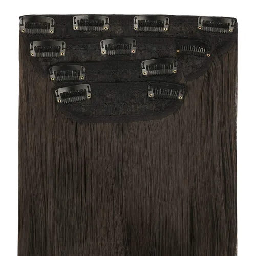 Vista 3 de REECHO - Juego de 4 extensiones de cabello sintético con clip de 12 pulgadas, 14 pulgadas y 16 pulgadas, lacio, largo y grueso, marrón oscuro