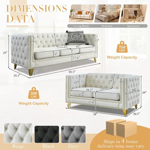 Vista 2 de JEEOHEY Juego de Sofás Chesterfield de 2, Sofá Moderno de Terciopelo con Capitoné y Ribete de Tachuelas, Sofá Tapizado de Asiento Profundo, Sofá