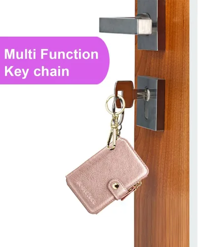 Vista 5 de Penekin Cartera con llavero con ventana de identificación, tarjetero de cuero con cremallera para mujer, Rosado, Multifunción