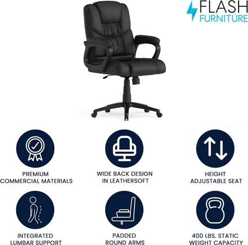 Vista 4 de Flash Furniture Fundamentals - Silla giratoria grande y alta de LeatherSoft para oficina y juegos, silla de oficina ergonómica con reposabrazos Negro