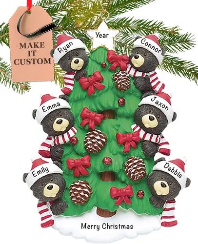 Vista 12 de Adorno personalizado de familia de 3 2025 Personalización gratuita las 24 horas Adornos de Navidad de oso negro para árbol Recuerdo