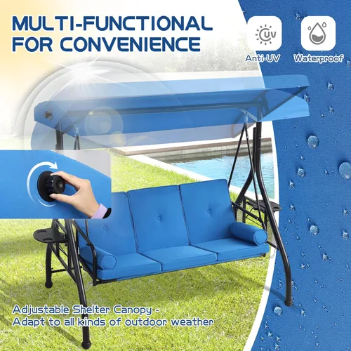 Vista 5 de Columpios de porche con toldo ajustable, cama de columpio para exteriores de 3 asientos, color azul Heavy Duty Porch Glider Bench with Stand