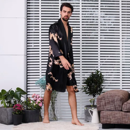 Vista 5 de Bata de satén para hombre, de seda, de manga larga, kimono, ropa de dormir, ropa de descanso
