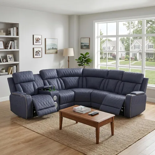Vista 10 de Sofá seccional reclinable eléctrico, sofá de felpa beige y gris, sofá seccional con consola de almacenamiento, sofá reclinable para sala de estar