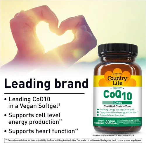 Vista 2 de Country Life Simply CoQ10 100mg - Suplemento de apoyo para la función cardíaca y la energía celular, coenzima pura Q10 para la salud antioxidante