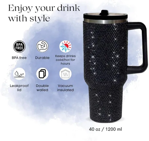 Vista 4 de Vaso de 40 onzas con tachuelas de strass con mango, popote y tapa, botella de agua de acero inoxidable aislada de doble capa para mujeres, taza