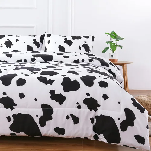Vista 12 de PERFEMET Juego de ropa de cama con estampado de vaca marrón y beige, juego de edredón de 3 piezas de piel de vaca de dibujos animados para niños