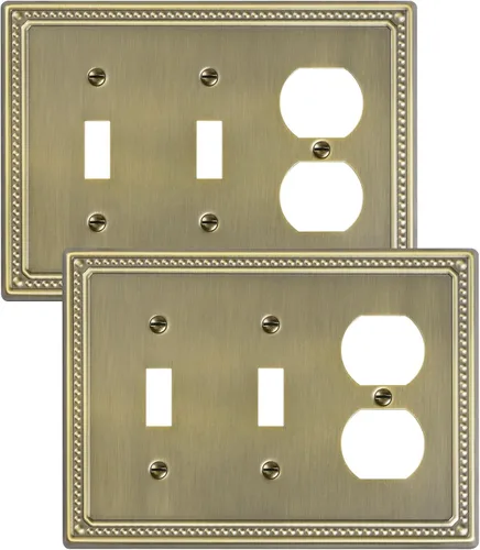 Vista 13 de Paquete de 2 Placas de Cubierta Combinadas para Interruptor de Palanca/Dúplex, Placa de Cubierta de Enchufe de Pared de Metal de Latón Antiguo