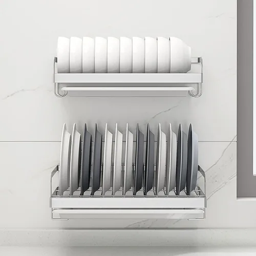 Vista 7 de Escurridor de platos de acero inoxidable, organizador de utensilios de cocina, estante de suministros de cocina montado en la pared, soporte