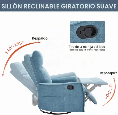 Vista 3 de Silla reclinable giratoria para adultos, masaje y calor, tela, azul