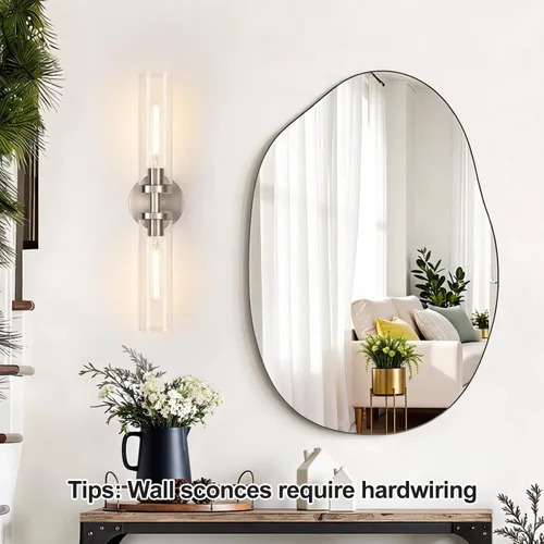 Vista 5 de Indoi Apliques de pared de níquel cepillado, apliques de baño cableados con vidrio transparente, modernos accesorios de tocador de baño para espejo
