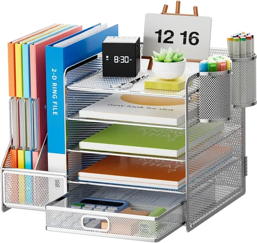 Vista 9 de Marbrasse - Organizador de escritorio con soporte para archivos, organizador de bandejas para papel tamaño carta de 5 niveles con cajón y 2 soportes