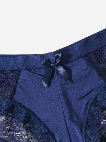 Vista 4 de OYOANGLE Conjunto de 3 bragas de encaje en contraste con ribete festoneado para mujer, conjunto de ropa interior de tiro medio