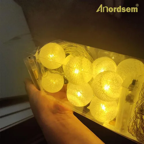 Vista 2 de Anordsem Guirnalda de luces de batería para interior: 6.88 pies/10 linternas LED de bolas de algodón, paquete de 2 – Iluminación acogedora de hadas