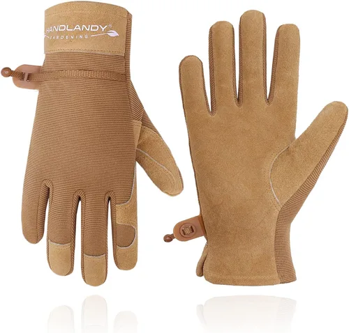 Vista 13 de HANDLANDY Guantes de trabajo para mujer, guantes de jardinería de cuero transpirable para mantenimiento de patio, protección de manos con pantalla