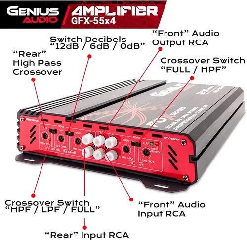 Vista 3 de Genius Audio GFX-55X4 Amplificador de coche de rango completo multicanal 1200 vatios Clase máxima AB de 2 ohmios estable con sistema de protección