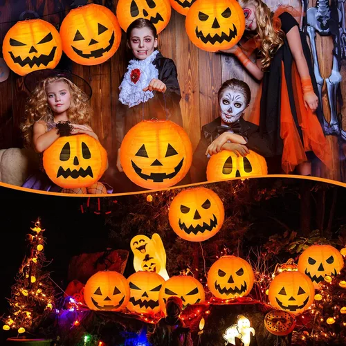 Vista 5 de Retisee 12 faroles de papel de calabaza de Halloween de 12 pulgadas, farol de calabaza naranja, farol de papel para fiesta de Halloween, calabaza