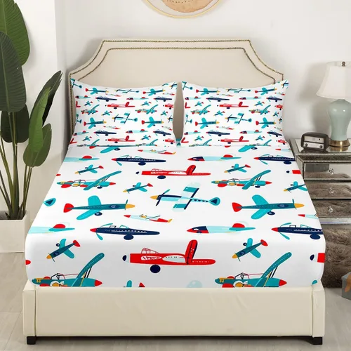 Vista 2 de Juego de sábanas bajeras de dibujos animados de aviones para niños y niñas, juguetes de dibujos animados, ropa de cama con vehículos aeronáuticos