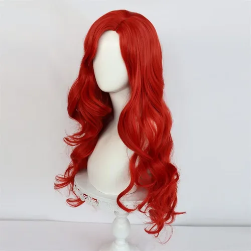 Vista 5 de Peluca de sirena larga y rizada roja de 26 pulgadas para mujeres y niñas, peluca ondulada para cosplay, uso diario, pelucas sintéticas para fiestas