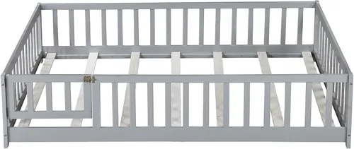 Vista 9 de Cama Montessori de tamaño matrimonial con tablillas, puerta y valla, cama Gris