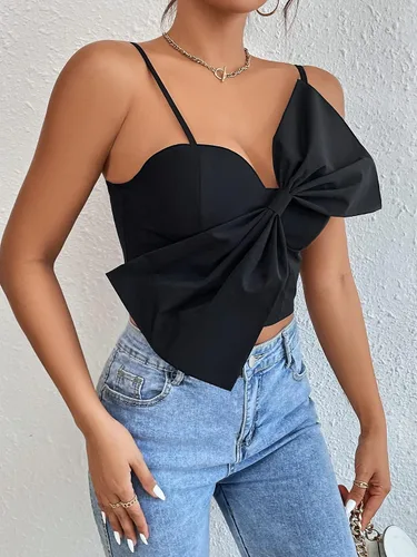 Vista 5 de SOLY HUX Camiseta corta sexy con lazo grande para mujer, camiseta corta con tirantes delgados, sin mangas, espalda fruncida