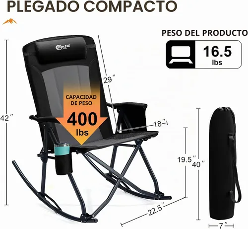 Vista 3 de Portal Silla mecedora plegable de gran tamaño portátil para acampar 400 1p-tela negro
