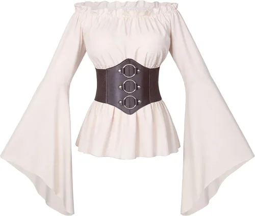 Vista 3 de Conjunto de blusa estilo renacentista victoriana campesina con volantes y cintura fruncida estilo bohemio pirata con cinturón
