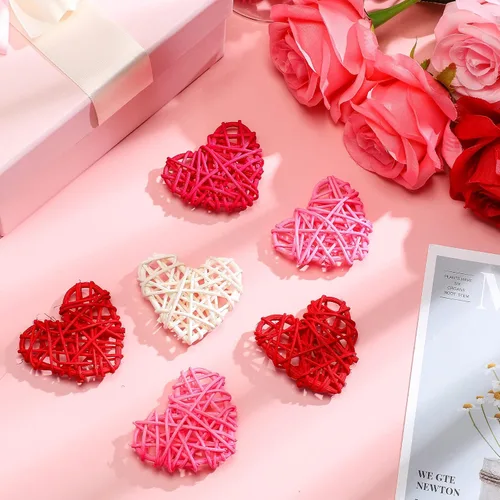 Vista 4 de 24 bolas de ratán en forma de corazón de San Valentín de 2.36 pulgadas, rellenos de tazones de jarrón de corazón, decoración de ratán de mimbre
