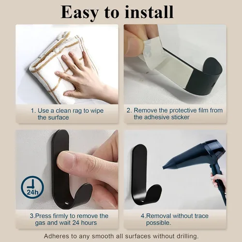 Vista 6 de ATDOALL Ganchos adhesivos para toallas, 20 ganchos de pared autoadhesivos de acero inoxidable, gancho de ducha negro resistente, impermeable, a
