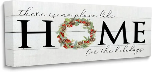 Vista 2 de Stupell Industries Corona de acebo con texto en inglés "No Place Like Home for Holiday", diseñada por Sally Swatland, lienzo para pared, 30 x 13