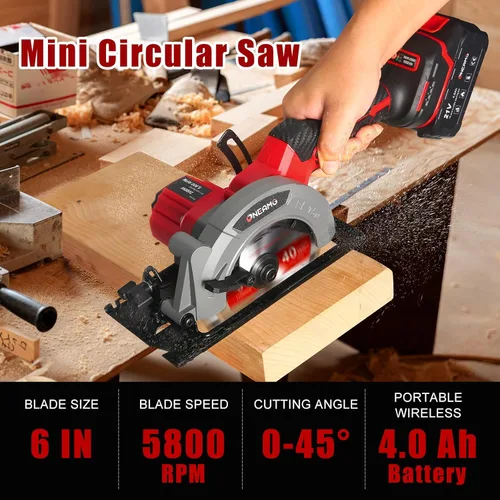 Vista 4 de Mini sierra circular inalámbrica de 6", sierra circular inalámbrica compacta de 21V, batería de 4.0Ah, 5800RPM, corte máximo 2-1/6" (90°), 1-1/4