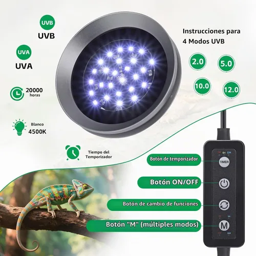 Vista 2 de UVB Light for Reptiles with Dimming, LED UVB Light Bulb Fixture for Bearded Dragon Gecko Lizard Turtle Snake, Adjustable Brightness UVA UVB Lamp for