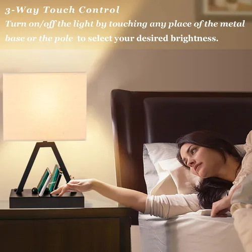 Vista 4 de Briever - Lámpara de mesa de control táctil, lámpara de escritorio regulable de 3 vías con USB C y USB A y tomacorriente AC, lámparas de noche